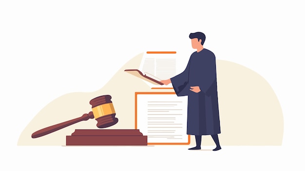 Vector professional lawyer holding gavel legal concept with man wearing robe in courtroom background