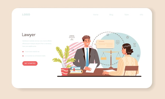 Professional lawyer web banner or landing page. Punishment and judgement idea. Law advisor or consultant, advocate defending a customer at the trial. Vector flat illustration