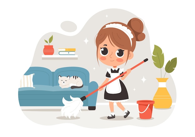 Professional Maid Vector Illustration of a Girl Cleaning Service Worker Wearing a Uniform and Apron While Cleaning a House in a Cartoon Background