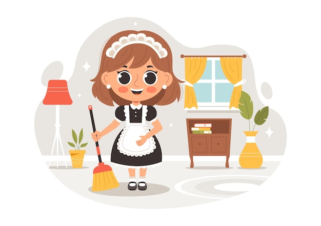 Professional Maid Vector Illustration of a Girl Cleaning Service Worker Wearing a Uniform and Apron While Cleaning a House in a Cartoon Background