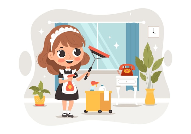 Professional Maid Vector Illustration of a Girl Cleaning Service Worker Wearing a Uniform and Apron While Cleaning a House in a Cartoon Background