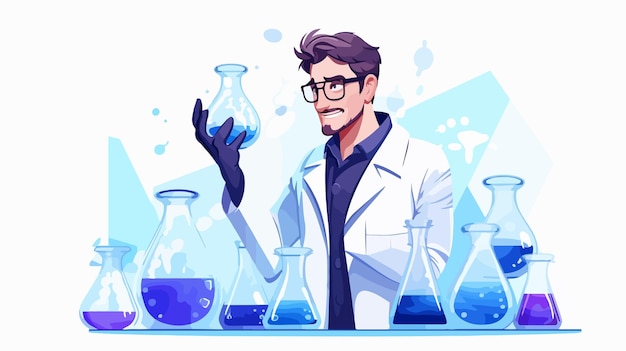 Vector professional male chemist conducting science research in white coat