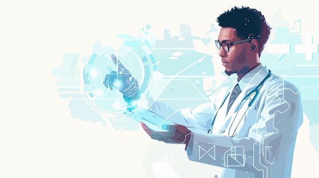 Vector professional male doctor interacting with digital lightened image