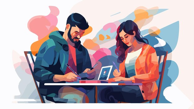 Vector professional male and female illustrators drawing abstract art