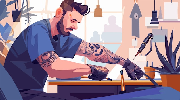 Vector professional male tattoo artist creating artistic tattoo design on clients hand