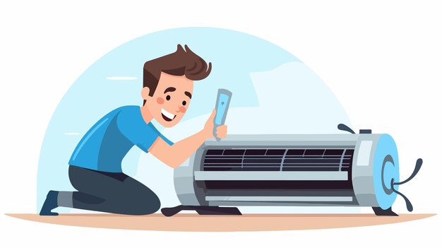 Vector professional man doing split ac servicing while removing the air filter