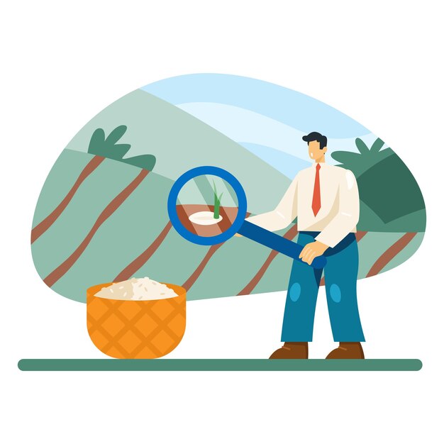 Vector professional man in office clothes holding magnifying glass and looking at rice plant