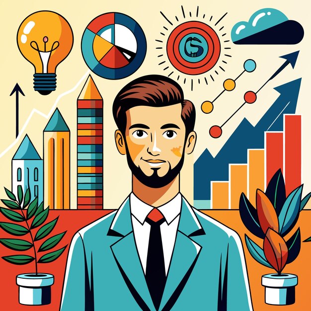 Vector a professional man surrounded by business graphics and growth symbols