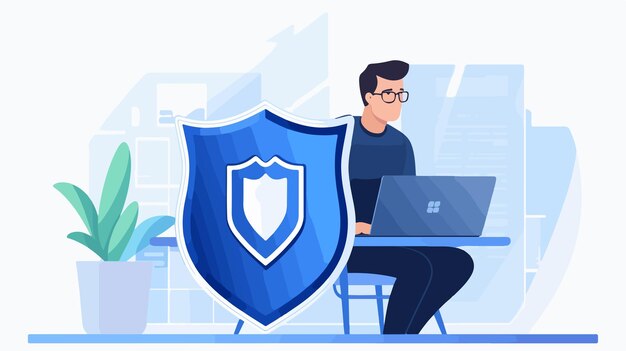 Vector professional man using laptop computer with shield vector illustration