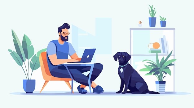 Vector professional man working at home with computer and dog