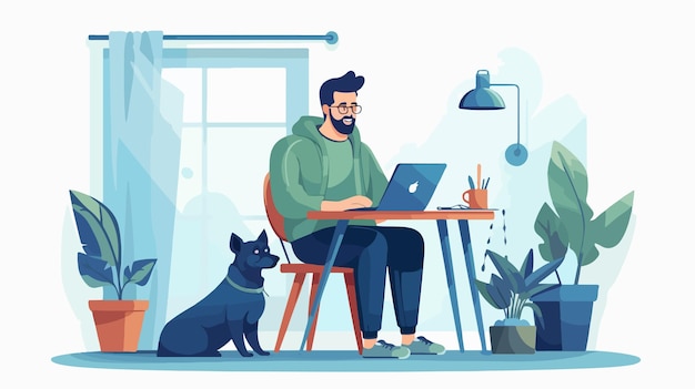 Professional Man Working at Home with Computer and Dog