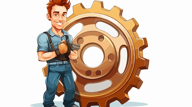 Vector professional mechanic with spanner and wheel cartoon vector illustration