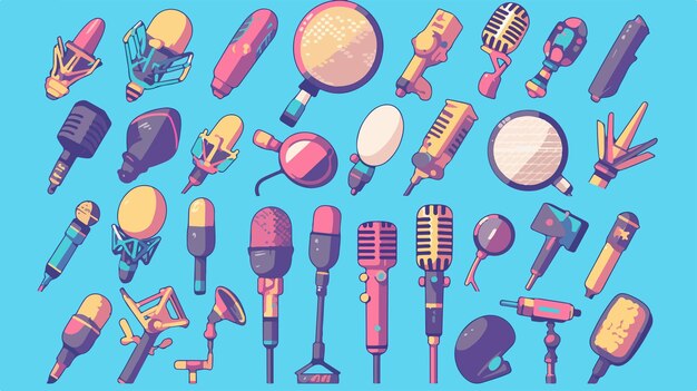 Professional Microphone Set Linear Silhouette Icons