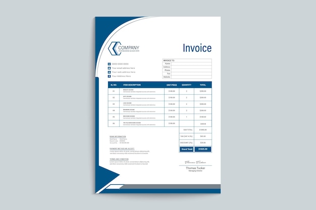 Professional modern blue invoice template design for your business