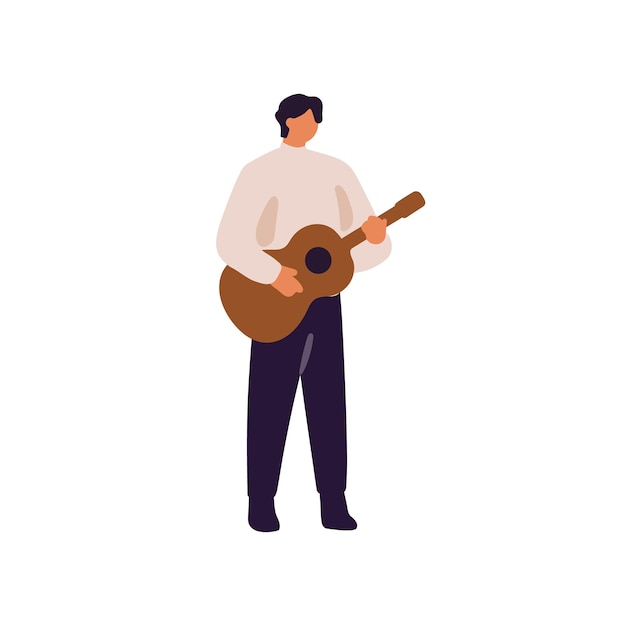 Professional musician plays guitar Guitarists performance with song Artist performs with music show Performer stands holds string instrument Flat isolated vector illustration on white background