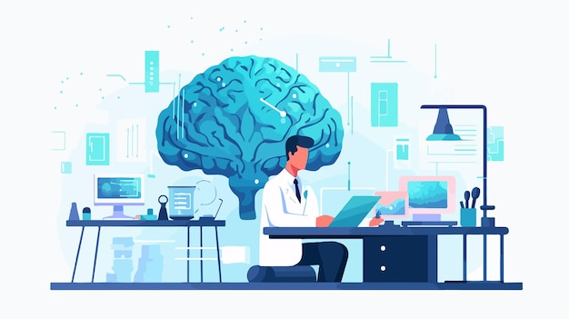 Vector professional neurologist analyzing brain in laboratory setting