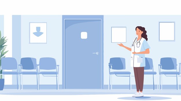 Professional Nurse Gesturing at Doorway in Hospital Setting