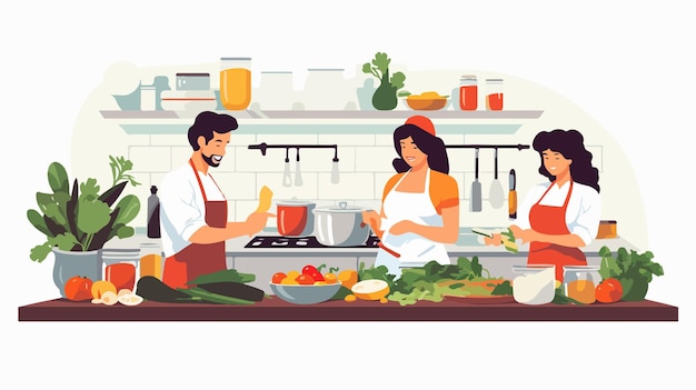 Vector professional people cooking food in a kitchen vector illustration