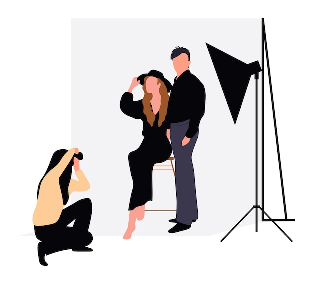 Professional photographers taking pictures men and woman models posing in professional photography s