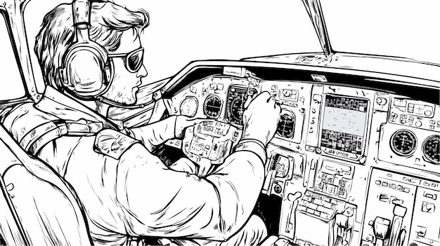 Vector professional pilot in cockpit coloring page