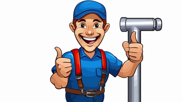 Vector professional plumber or handyman cartoon mascot holding a plumb