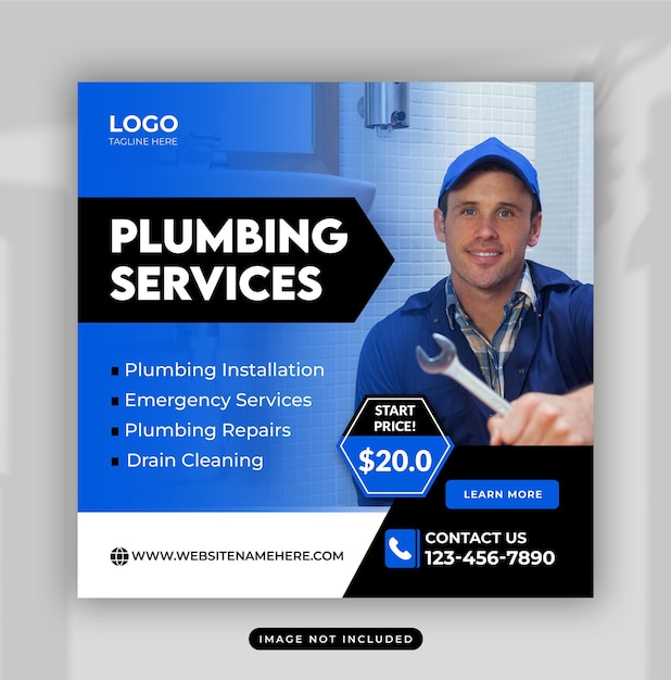 Vector professional plumber service square flyer social media post or instagram banner template