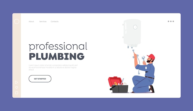 Professional Plumbing Landing Page Template. Call Master Plumber Character Install Boiler or Heater. Husband for an Hour Repair Service, Worker Fixing Broken Home Technics. Cartoon Vector Illustration