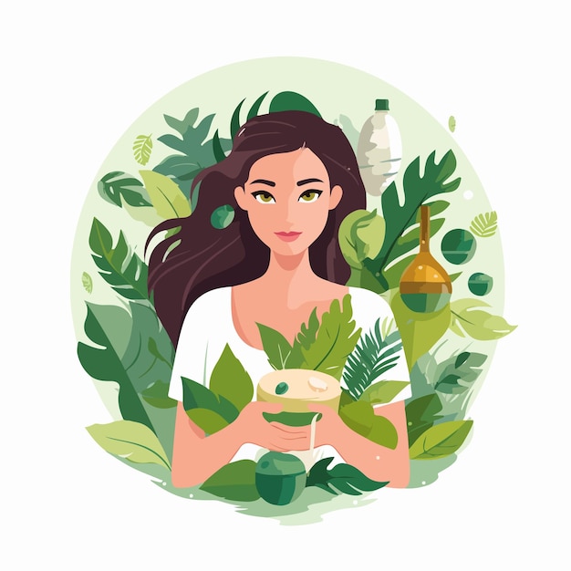 Vector professional portrait of woman holding basket with organic cosmetics