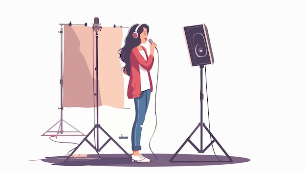 Vector professional recording studio young woman singing in studio setting