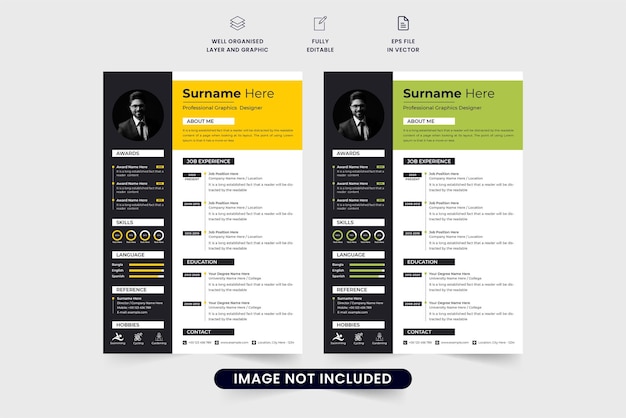 Professional resume template vector with photo placeholders Modern company CV and resume layout design with yellow and green colors Office intern job application and resume template vector