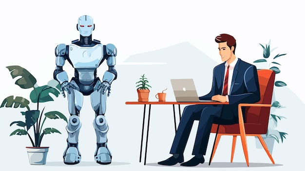 Vector professional robot and businessman in lobby waiting