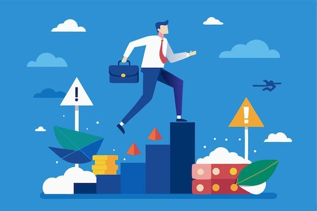 A professional running towards success while navigating various business risks and metrics illustrated effectively Customizable flat illustration for business risk