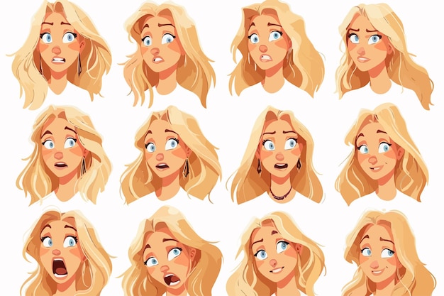 Vector professional set of blond female facial expressions for commercial use