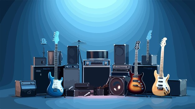 Vector professional set of electric acoustic guitars amplifiers on black background