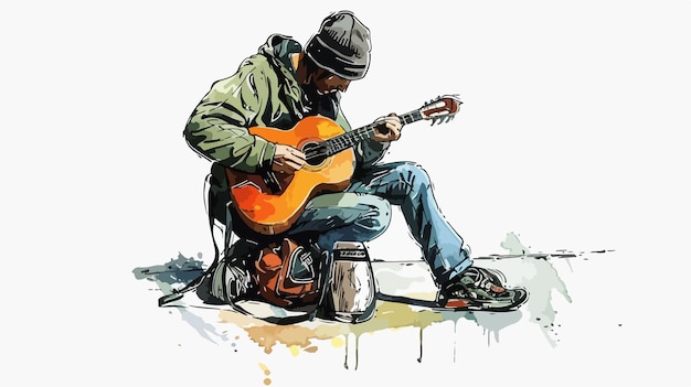 Professional Street Musician Tuning Instrument Handdrawn Vector Illustration