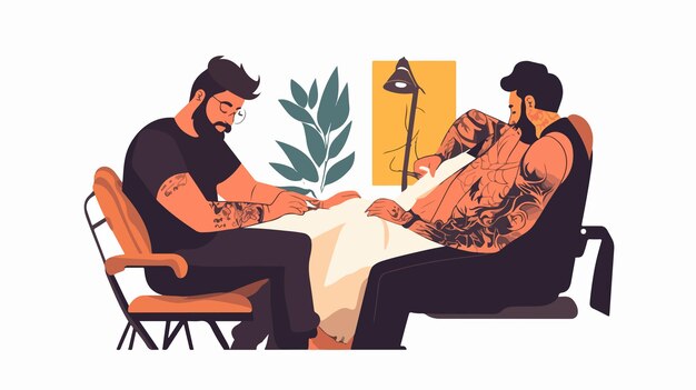 Vector professional tattoo artist working on clients back vector illustration