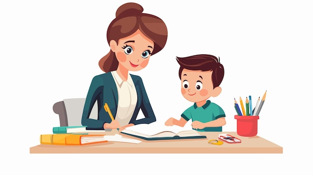 Vector professional vector illustration of female teacher teaching boy