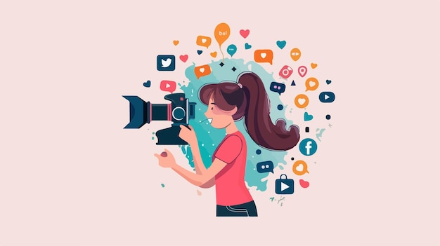 Vector professional video blogger recording content with camera for vlogging and social media marketing