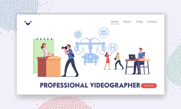 Professional Videographer Landing Page Template. Television Crew Characters Recording Culinary Program on Video Camera. Woman Chef Cooking Dish on Fake Kitchen. Cartoon People Vector Illustration