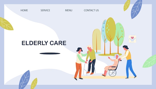 Professional and volunteer help and support for the elderly website page, vector.