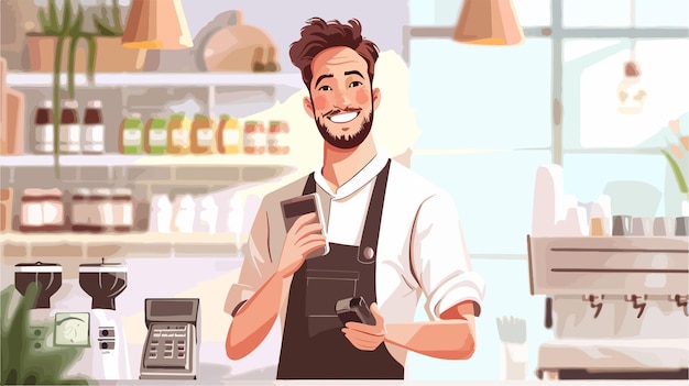 Professional Waiter with Payment Terminal on Light Background