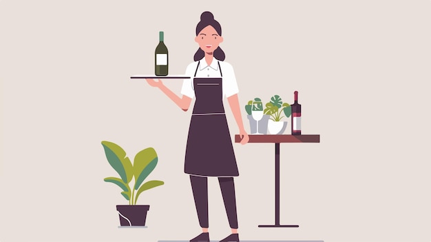 Vector professional waitress serving with tray in uniform holding bottle