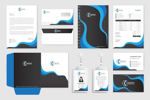 Professional wave style blue business collateral stationery set for your brand