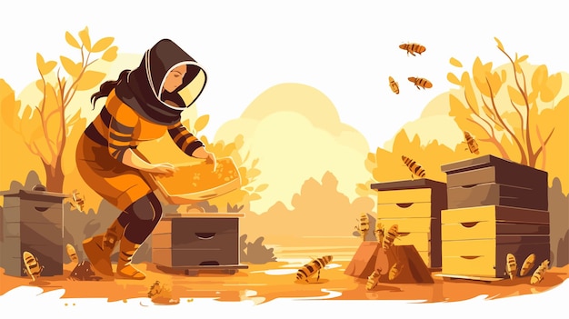 Vector professional woman beekeeper extracting honeycombs from hive