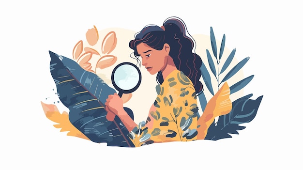 Professional woman exploring with a magnifier tool in mixed media