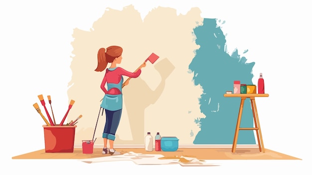 Vector professional woman painting a wall for room decoration and house repair