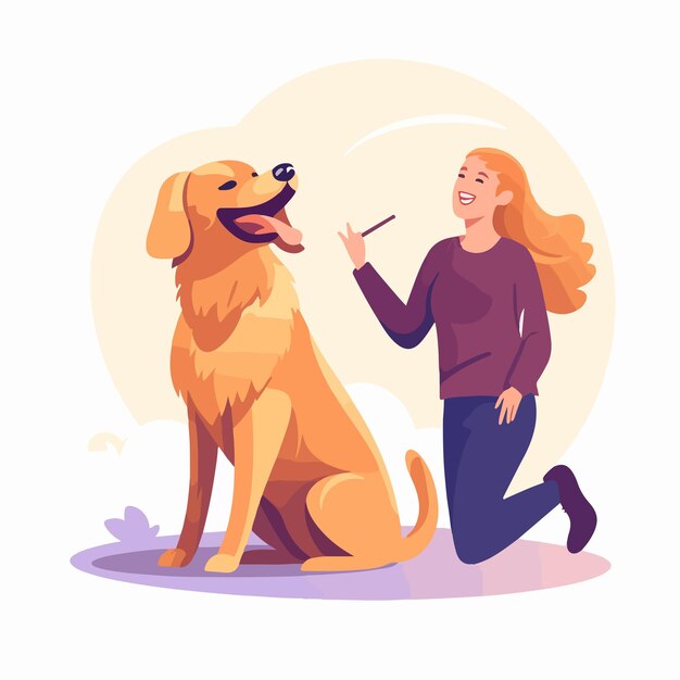 Vector professional woman presenting golden retriever dog