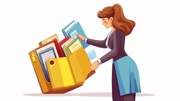 Vector professional woman searching yellow catalog folder for data organization