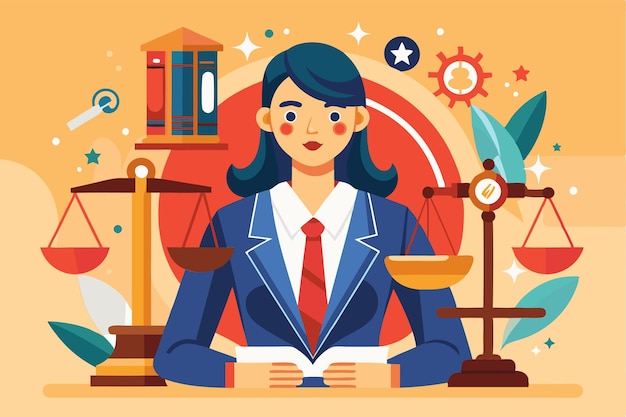 A professional woman sits confidently at a desk surrounded by scales of justice and legal symbols in a creative design Customizable flat illustration of justice