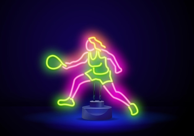 Professional woman tennis player illustration green linear neon tennis player on a black background